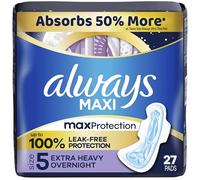 Always Maxi Pads Size 5 Overnight Absorbency With Wings, Unscented, 27 Ea