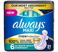 Always Maxi Overnight Feminine Pads with Wings for Women, Size 6, Ultimate Heavy Overnight Absorbency, Unscented, Up to 100% Leak-Free Protection, 21 Count