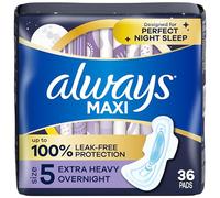 Always Maxi Overnight Pads with Wings, Size 5, Extra Heavy Overnight, Unscented, 36 Count