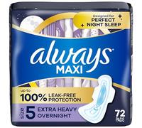 Always Maxi Overnight Pads with Wings, Size 5, Extra Heavy Overnight, Unscented, 72 Count