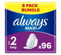 Always Maxi Sanitary Towels with Wings, Size 2, Long, 96 Towels (12 x 8 Packs), Anti-leakage Barriers, Protection & Comfort