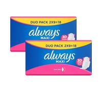 Always Maxi Super Plus Sanitary Towels with Wings - 36 Pads (2 x Duo Packs of 18), 3D Action Zones, Reliable Leak Protection, Secure Fit