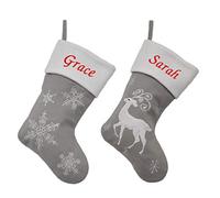 Always Personal Personalised Embroidered Silver Grey Christmas Xmas Hanging Stockings - Snowflake or Reindeer with Custom Name (Reindeer)
