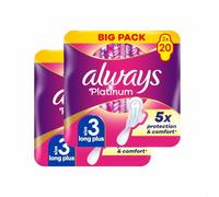 Always Platinum Day & Night Wings - 40 Count (2 Packs of 20) Size 3 Scent-Free Ultra Thin Sanitary Pads for Day and Night Use with Wings, Absorbent, Breathable Feminine Hygiene Protection