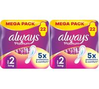 Always Platinum Long (Size 2) Sanitary Towels with Wings 22 Pads (Pack of 2)