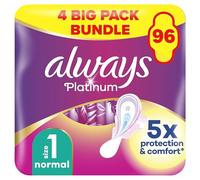 Always Platinum Sanitary Towels with Wings, Size 1, Normal, 96 Towels (24 x 4 Packs), SAVING PACK, Odour Neutraliser, Super Absorbent Core