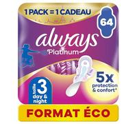 Always Platinum Sanitary Towels with Wings, Night, Medium to Bouncy Flow, Eco Size, 64 Individual Pockets (4 x 16), 5 Comfort Sizes