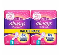 Always Platinum Ultra Soft Sanitary Towels with Wings - 60 Pads (2 x 30) Value Pack, Size 1, Normal, Unscented Period Pads, Protection, Limited Edition, Breathable Top Layer, Comfortable Fit