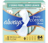 Always Pure Cotton Feminine Pads for Women, FlexFoam Pads with Wings, Size 1, Regular Absorbency, Unscented, 84 Count (3 Packs of 28)