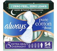 Always Pure Cotton Feminine Pads for Women, FlexFoam Pads with Wings, Size 5, Extra Heavy Overnight Absorbency, Unscented, 54 Count (3 Packs of 18)