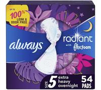 Always Radiant Feminine Pads for Women, Flexfoam Pads with Wings, Size 5, Extra Heavy Overnight Absorbency, Lightly Scented, 54 Count (3 Packs of 18)