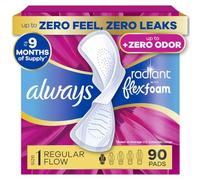 Always Radiant Feminine Pads For Women, Size 1 Regular Absorbency, With Flexfoam, With Wings, Light Clean Scent, 30 Count x 3 Packs (90 Count Total)