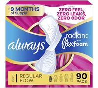 Always Radiant Feminine Pads For Women, Size 1 Regular Absorbency, With Flexfoam, With Wings, Light Clean Scent, 30 Count x 3 Packs (90 Count Total)