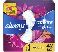 Always Radiant Feminine Pads for Women, Size 1 Regular, with Wings, Scented, 42 CT