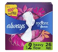 Always Radiant Feminine Pads for Women, Size 2, Heavy Absorbency, with Flexfoam Wings, Light Clean Scent, 26 Count