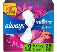 Always Radiant Feminine Pads for Women, Size 2, Heavy Absorbency, with Flexfoam Wings, Light Clean Scent, 26 Count