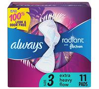 Always Radiant FlexFoam Pads for Women Size 3, Extra Heavy Flow Absorbency, Scented with Wings, 11 Count