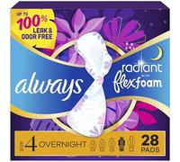 Always Radiant FlexFoam Pads for Women, Size 4, Overnight Absorbency, 100% Leak & Odor Free Protection is possible, with Wings, Scented, 28 count