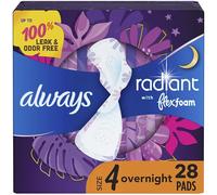 Always Radiant FlexFoam Pads for Women, Size 4, Overnight Absorbency, 100% Leak & Odor Free Protection is possible, with Wings, Scented, 28 count
