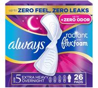 Always Radiant FlexFoam Pads for Women, Size 5, Extra Heavy Overnight Absorbency, 100% Leak & Odor Free Protection is Possible, with Wings, Scented, 26 Count