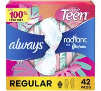 Radiant Teen Feminine Pads with FlexFoam, Size 1, Regular, with Wings, Unscented, 42 CT