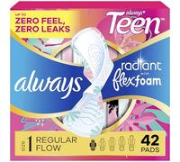 Always Radiant Teen Feminine Pads – FlexFoam, Size 1 Regular with Wings, Unscented, 42 CT