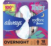 Always Radiant Teen Pads Size 4 Overnight with Wings Odourless 18CT