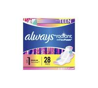 Always Radiant Teen Regular Flow Pads with Wings, Unscented, 28 Ct