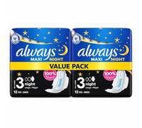 Always Sanitary Towels Maxi Night with Wings - 24 Pads (Pack of 2 x 12) Overnight Sanitary Pads for Heavy Flow Protection, Leak Guard barriers, Extra Absorbent core, Individually Wrapped Secure fit