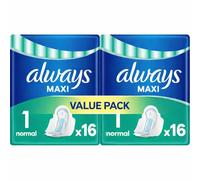 Always Sanitary Towels Maxi Normal Size 1 with Wings - 32 Pads (2 Packs of 16 Each) Protection Bundle Absorbent Core Plus Zone Reliable Leak Barriers Secure Fit Individually Wrapped Feminine Care