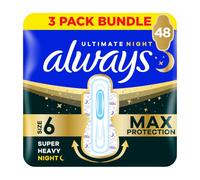 Always Ultra Sanitary Towels Secure Ultimate Night (Size 6) with Wings 3 x 16 Pads, Super Absorbent and Ultra Thin, for Menstrual Periods