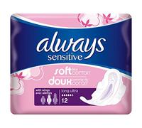 Always Sensitive Long Ultra Sanitary Towels Wings 12 Pads, Soft Like Cotton, Tested to Be Gentle and Scent Free, Size 2