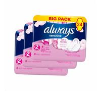 Always Sensitive Super Size 2 Wings Sanitary Pads - 24 Count (Pack of 3X 8 Pads), Fragrance-Free, Soft and Flexible, Dermatologist-Approved Comfort for Sensitive Skin