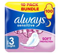 Always Sensitive Ultra Night Sanitary Towels with Wings, Size 3, 100 Towels (10 x 10 Packs), Saving Box, Odour Neutraliser, Super Absorbent Core, Pac