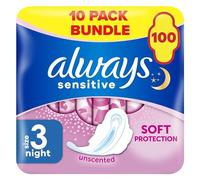 Always Sensitive Ultra Night Sanitary Towels with Wings, Size 3, 100 Towels (10 x 10 Packs), Saving Box, Odour Neutraliser, Super Absorbent Core