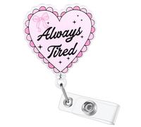 Always Tired Funny Bow Heart Nurse Badge Reel, Cute Retractable ID Card Medical Work Badge Holder, Name Tag Badge Buddy for RN CNA LPN Night Shift Nurse Nursing Student Doctor Medical Social Workers