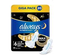 Always Ultimate Night Sanitary Pads Size 6 Pack of 20 | Ultra Thin Super Absorbent Pads with Wings | Overnight Protection & Leak Guard for Women