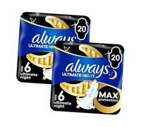 Always Ultimate Night Size 6 with Wings Sanitary Towels - 40 Pads (2 Packs of 20) Max Protection Overnight Absorbency, Longest & Widest Pad, LeakGuard InstantDry ComfortFit