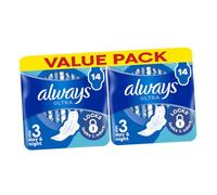 Always Ultra Day & Night Sanitary Towels with Wings Size 3-28 Pads (Pack of 2x14), Locks Leaks & Odours, Dermatologically Tested, SecureFit, Comfortable Wear