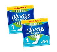 Always Ultra Day Sanitary Pads Size 1 Normal - 88 Pads (2 Packs of 44) Giga Pack for Reliable Daytime Protection and Comfort, 3× Protection and InstantDry Absorbency