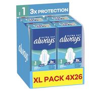 Always Ultra Sanitary Towels, Size 1 Normal, Extra Large Pack, 104 Count, Super Absorbent, Ultra Thin Pads with Wings for Light/Moderate Flow
