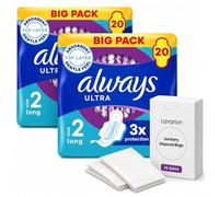 Always Ultra Pads with Wings Long Size 2, 40 Period Pads (2 x 20 Pack) - Sanitary Towels Bundle for Medium to Heavy Flow with Lavarion Sanitary Disposal Bags