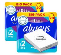 Always Ultra Pads with Wings - Long Size 2 Sanitary Towels, 2 Big Packs (40 Pads) Bundled with Lavarion Sanitary Disposal Bags - Complete Period Kit