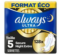 Always Ultra Sanitary Napkins, Size 5, Extra Secure Night, 128 Towels with Wings, Very Abundant Flow Night, Eco Size, Max Comfort, Super Absorbent and Ultra Thin