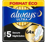 Always Ultra Sanitary Napkins, Size 5, Extra Secure Night, 64 Towels with Wings, Very Abundant Flow Night, Eco Size, Max Comfort, Super Absorbent and Ultra Thin