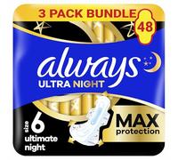 Always Ultra Sanitary Towels Secure Ultimate Night (Size 6) with Wings 3 x 16 Pads, Super Absorbent and Ultra Thin, for Menstrual Periods