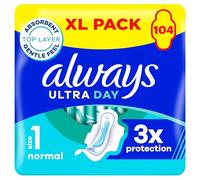Always Ultra Sanitary Towels, Size 1 Normal, Extra Large Pack, 104 Count, Super Absorbent, Ultra Thin Pads with Wings for Light/Moderate Flow