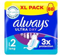 Always Ultra Sanitary Towels, Size 2 Long, Extra Large Pack, 88 Count, Super Absorbent, Ultra Thin Pads with Wings for Moderate Flow