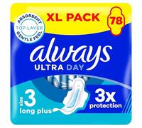 Always Ultra Sanitary Towels, Size 3 Day Long Plus, Extra Large Pack, 78 Count, Super Absorbent, Ultra Thin Pads with Wings for Heavy Flow