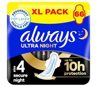Always Ultra Sanitary Towels, Size 4 Secure Night, Extra Large Pack, 66 Count, Super Absorbent, Ultra Thin Pads with Wings for Overnight Protection